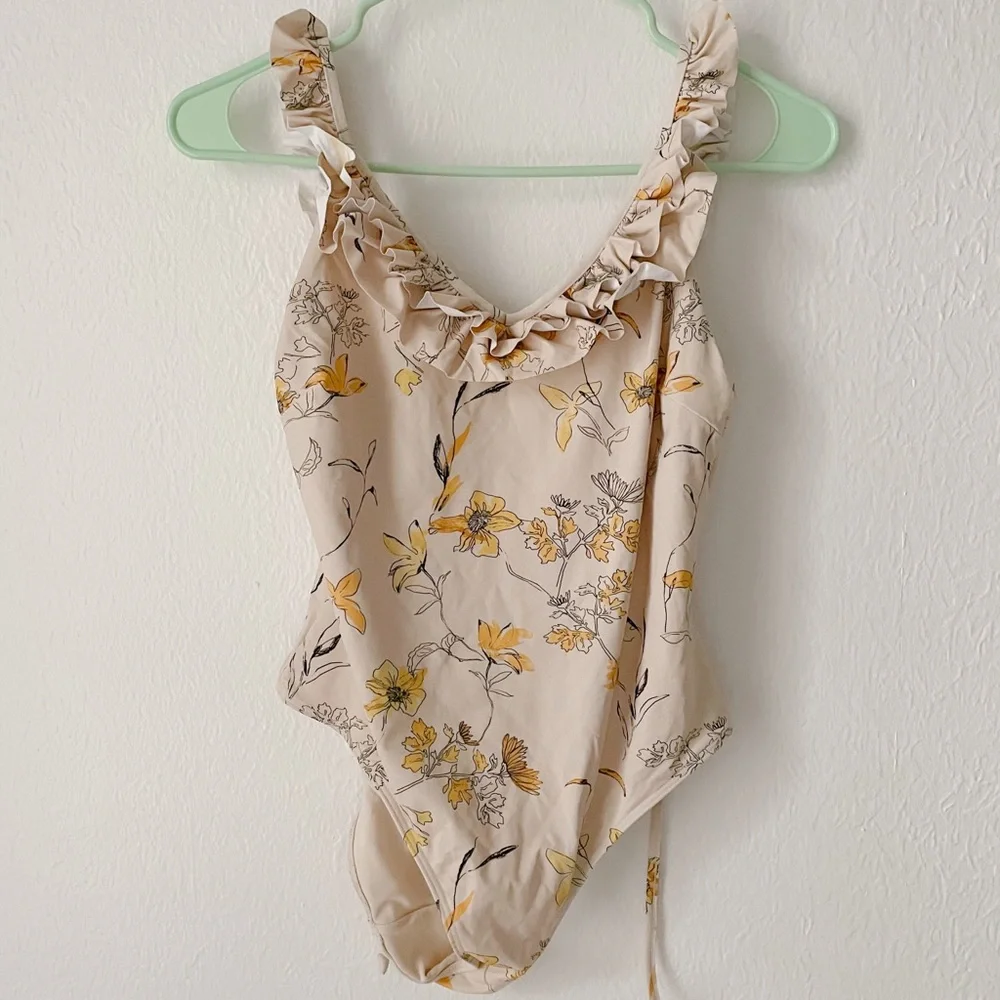 H&M Cream Floral Ruffle One-Piece Swimsuit